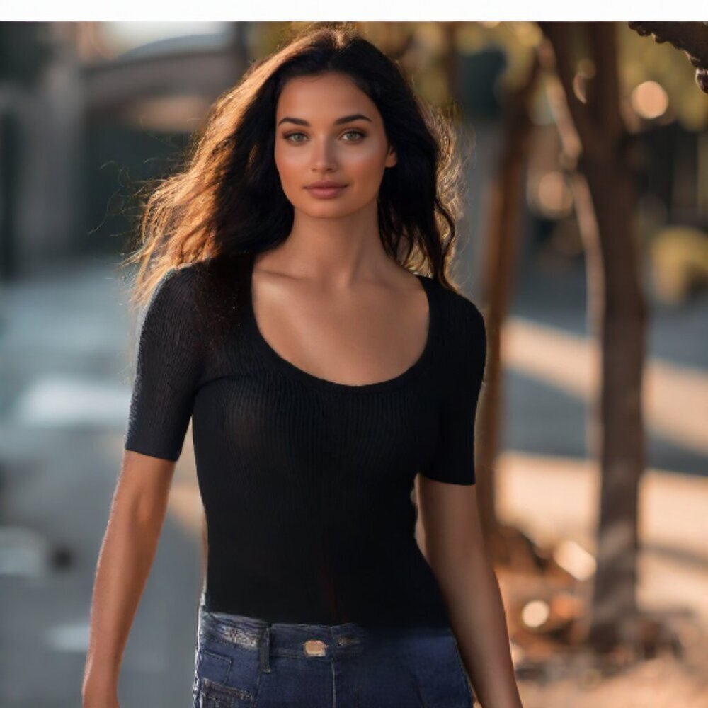 Rag & Bone Sunny Scoop Neck Black Short Sleeve Ribbed Knit Pullover Top, Size SP